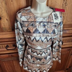 Blithe Women's Sequin Geometric Shorts - Silver and Tan New With Tags